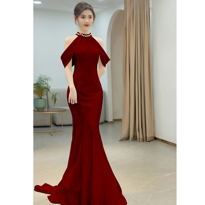 ZAYVORE Wine Red Halter Engagement Dress | Luxury Wedding Party Dress