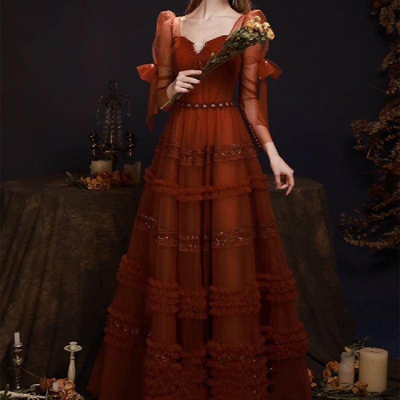 ZAYVORE Vintage Wine Red Luxury Dress | Elegant Princess Sleeve Dress