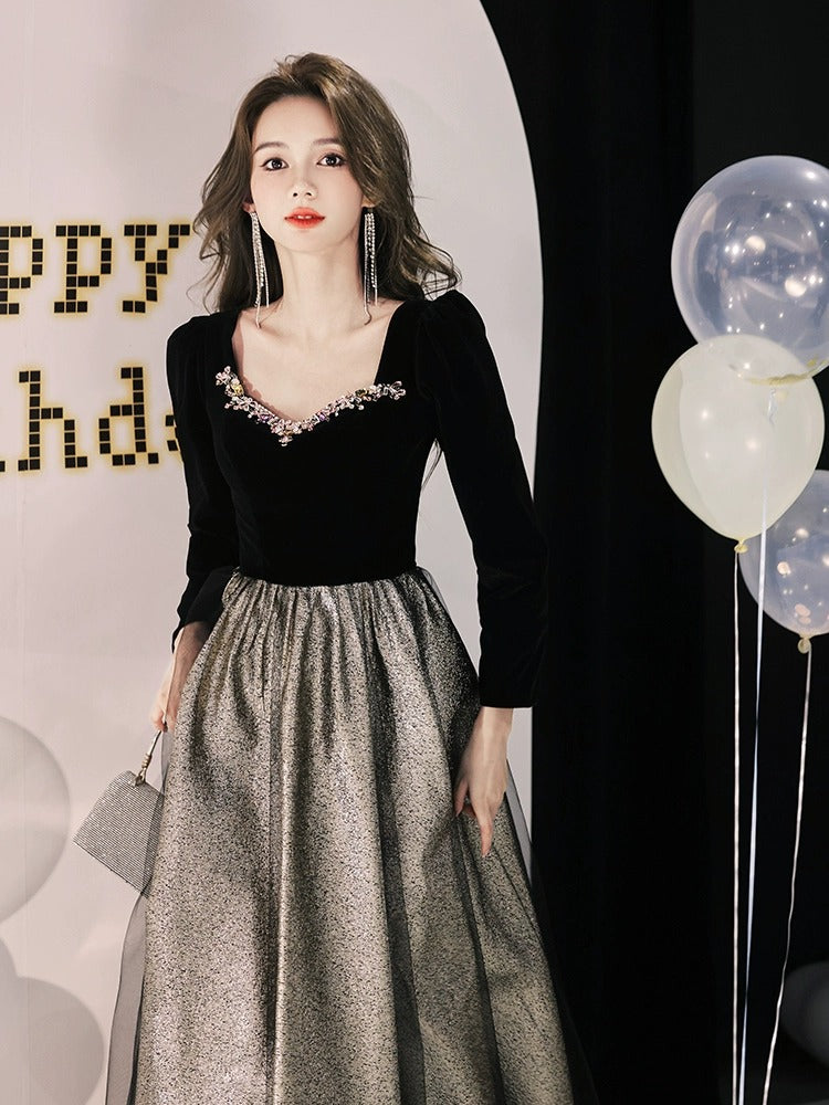 ZAYVORE Velvet Black Evening Gown | Luxury Long Sleeve Wedding Dress