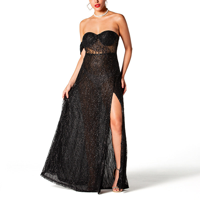 ZAYVORE Midnight Paillette Tube Split Gown