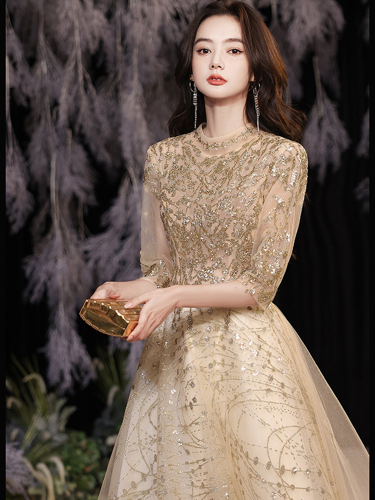 ZAYVORE Champagne Gold Beaded Evening Gown | Luxury Formal Dress