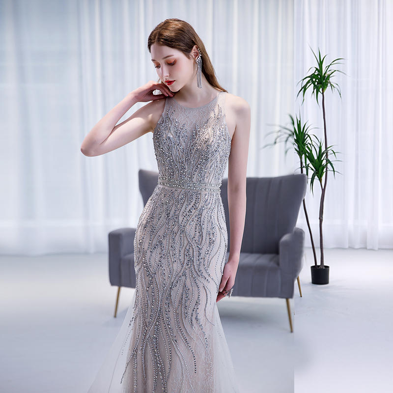 ZAYVORE Milk Gray Fishtail Evening Dress | Luxury Beaded Formal Gown