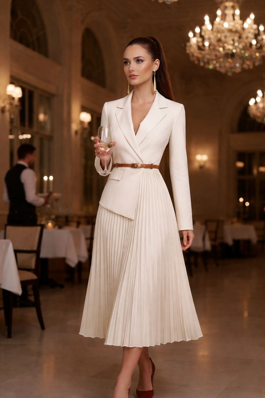 ZAYVORE French V-Neck Suit Dress | Elegant Long Sleeve Belted Dress