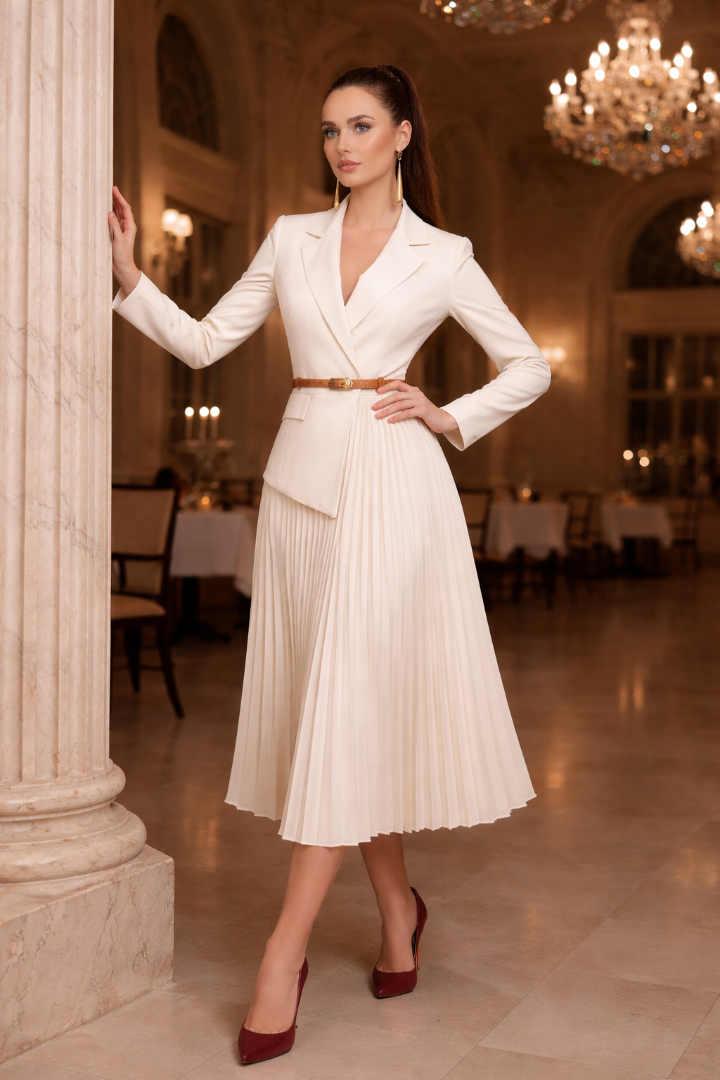 ZAYVORE French V-Neck Suit Dress | Elegant Long Sleeve Belted Dress